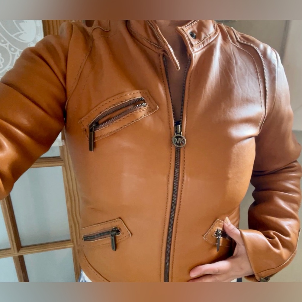 Michael KORS Leather Moto Jacket Biker Coat MK Khaki Cargo Zipper Retro City VTG - Picture 6 of 16